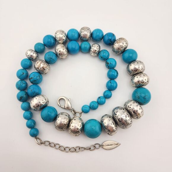 Vintage Faux Turquoise Necklace 20" Southwest Boho Coldwater Creek Silver Etched - Picture 6 of 7